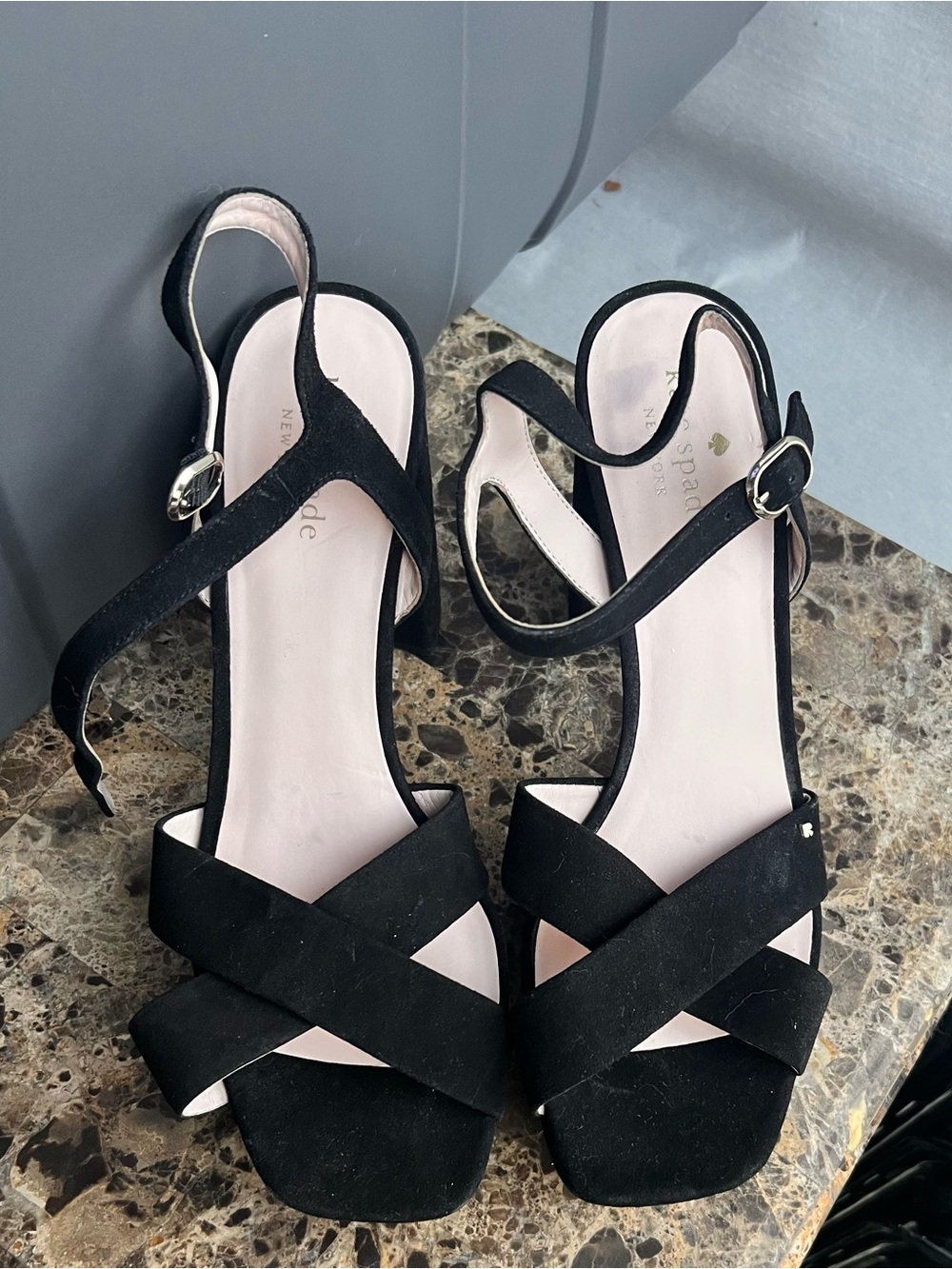 kate spade Black Suede Strappy Slingback Heels